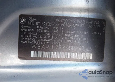 2009 BMW 328I from USA, damaged, VIN WBAPH775X9NM47109